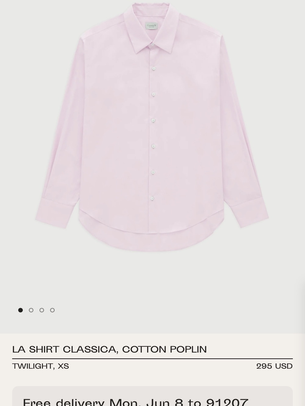 Comme si, La Shirt Classica Cotton Poplin in Twilight Pink XS